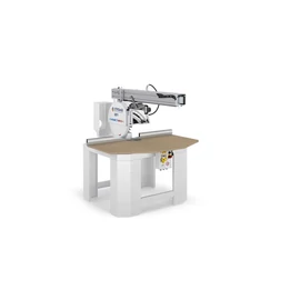 Stromab US 10 univerzális radiálfűrész 350 mm-es fűrészlappal, 3 kW motorral és 430 × 100 mm vágási kapacitással nagy keresztmetszetű gerendák, gér- és compound vágásához.