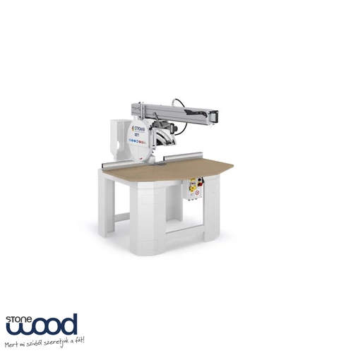 Stromab US 10 univerzális radiálfűrész 350 mm-es fűrészlappal, 3 kW motorral és 430 × 100 mm vágási kapacitással nagy keresztmetszetű gerendák, gér- és compound vágásához.